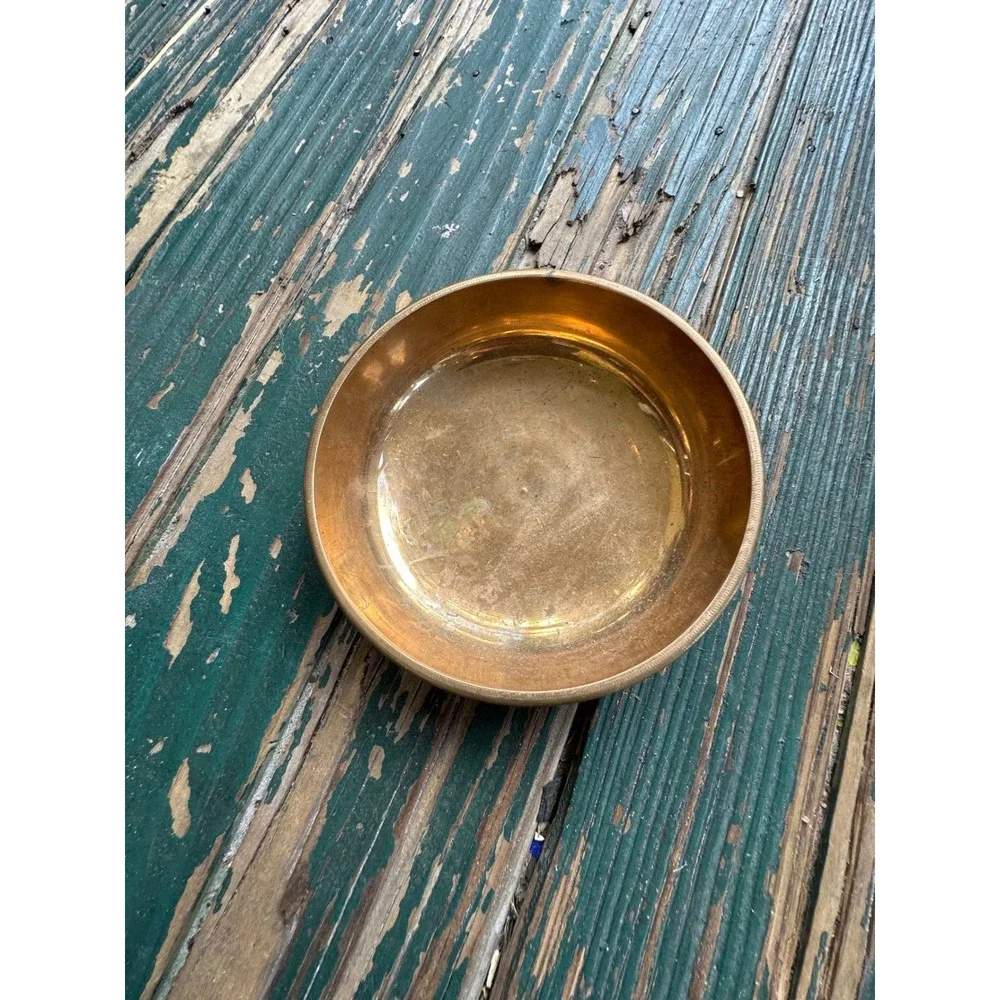 Vintage Chinese Brass Lidded Bowl Embossed Character Trinket Dish 4 Inch